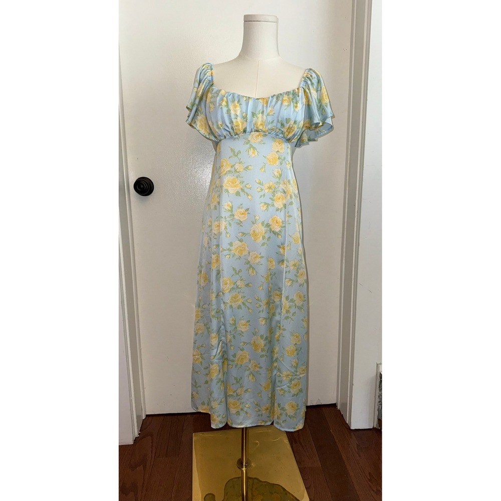 Altar'd State Blue Yellow Floral Satin Midi Dress Tie Back Cutout Small NWT